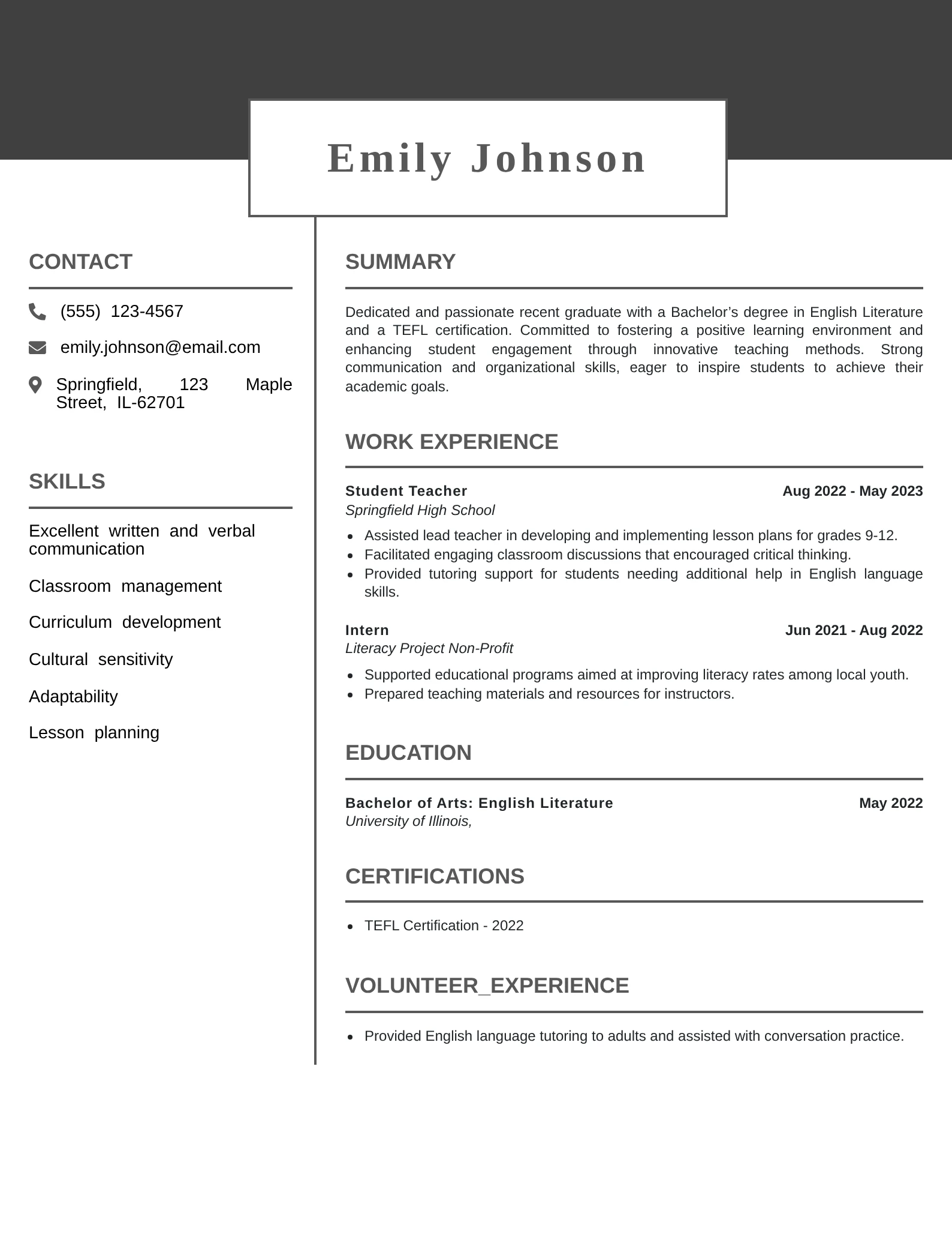 Entry level English teacher resume featuring education, skills, and teaching experience.