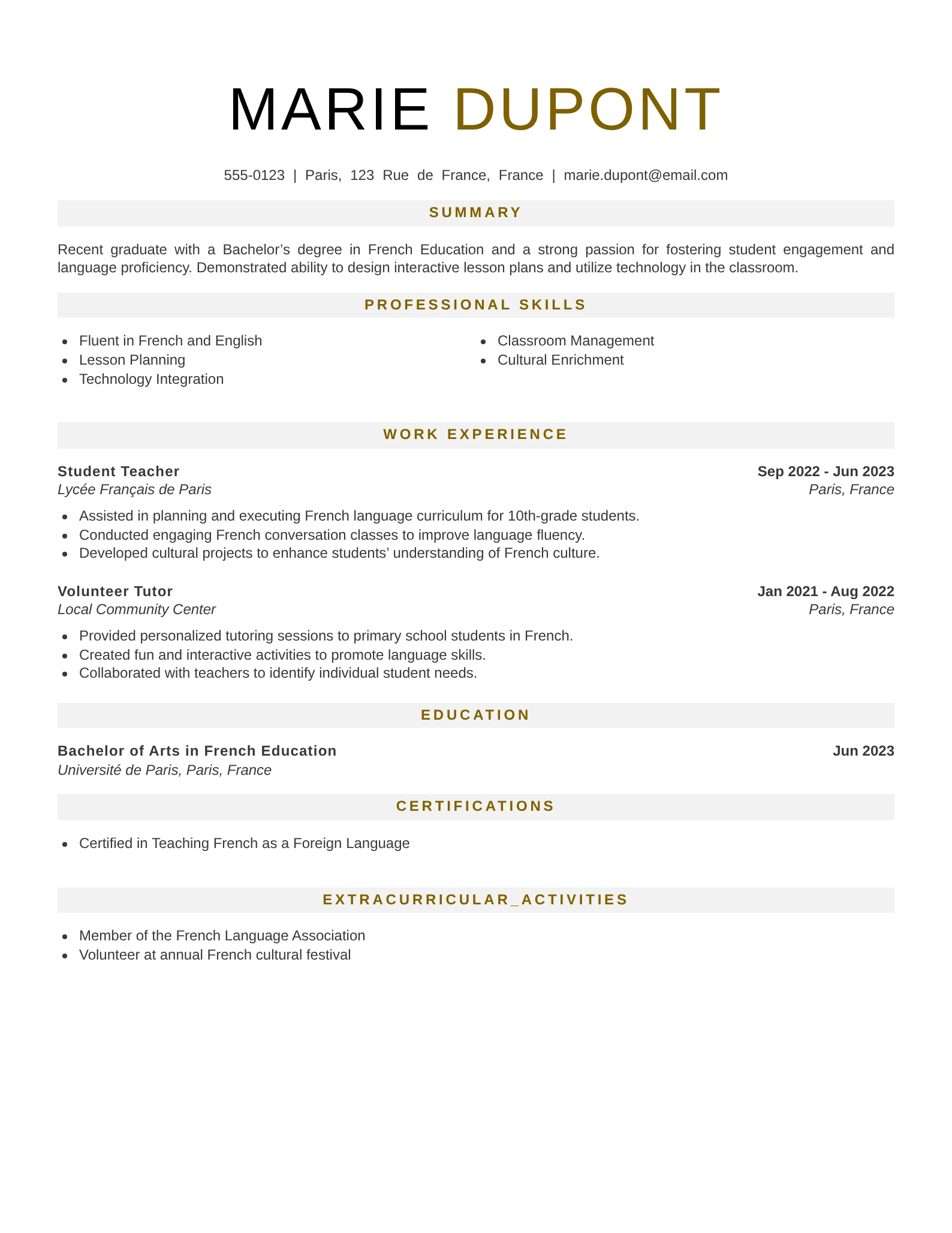 Entry-level French teacher resume template with clear sections and modern design.