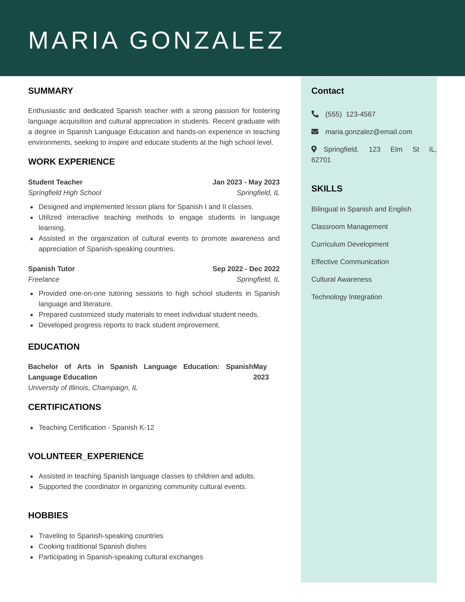 Entry-level Spanish teacher resume emphasizing education, skills, and hands-on teaching experience.