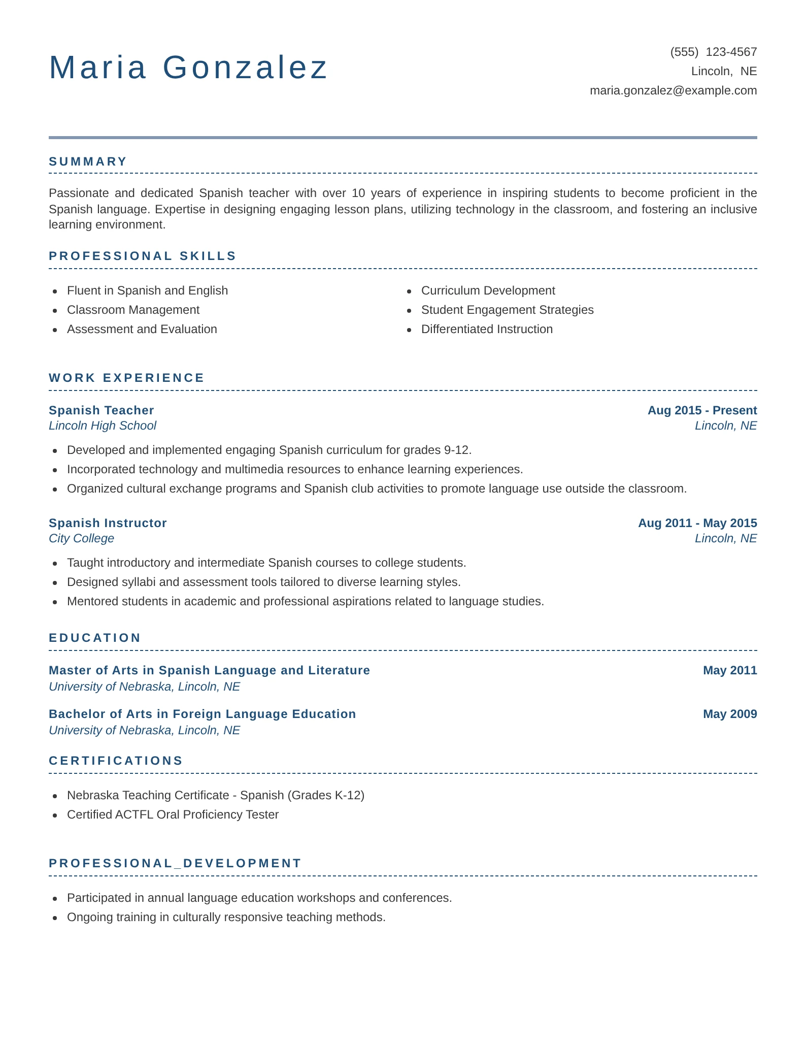 Experienced Spanish teacher resume emphasizing over 10 years of teaching expertise and professional development.