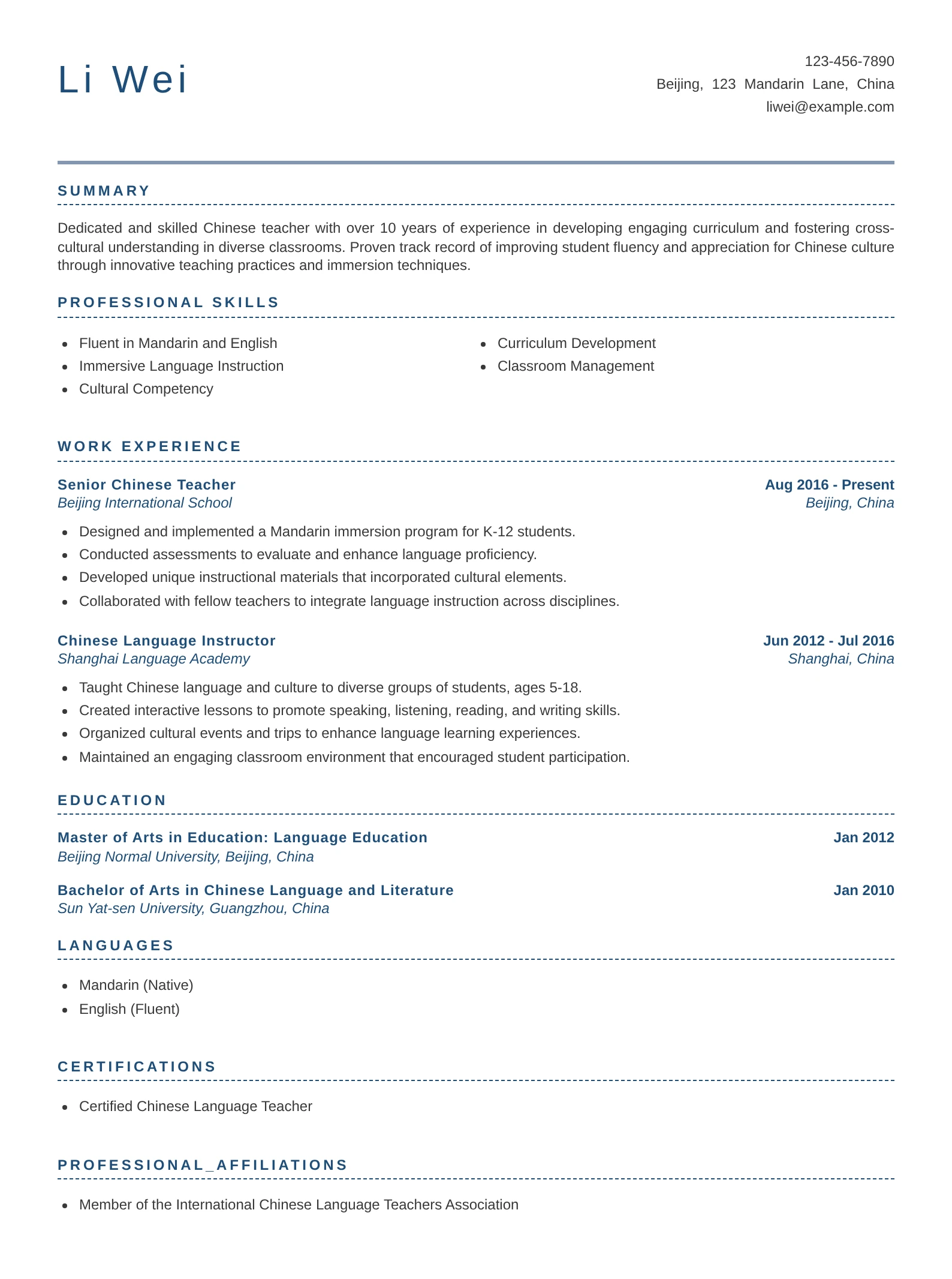 Experienced Chinese teacher resume highlighting teaching experience, education, and certifications.
