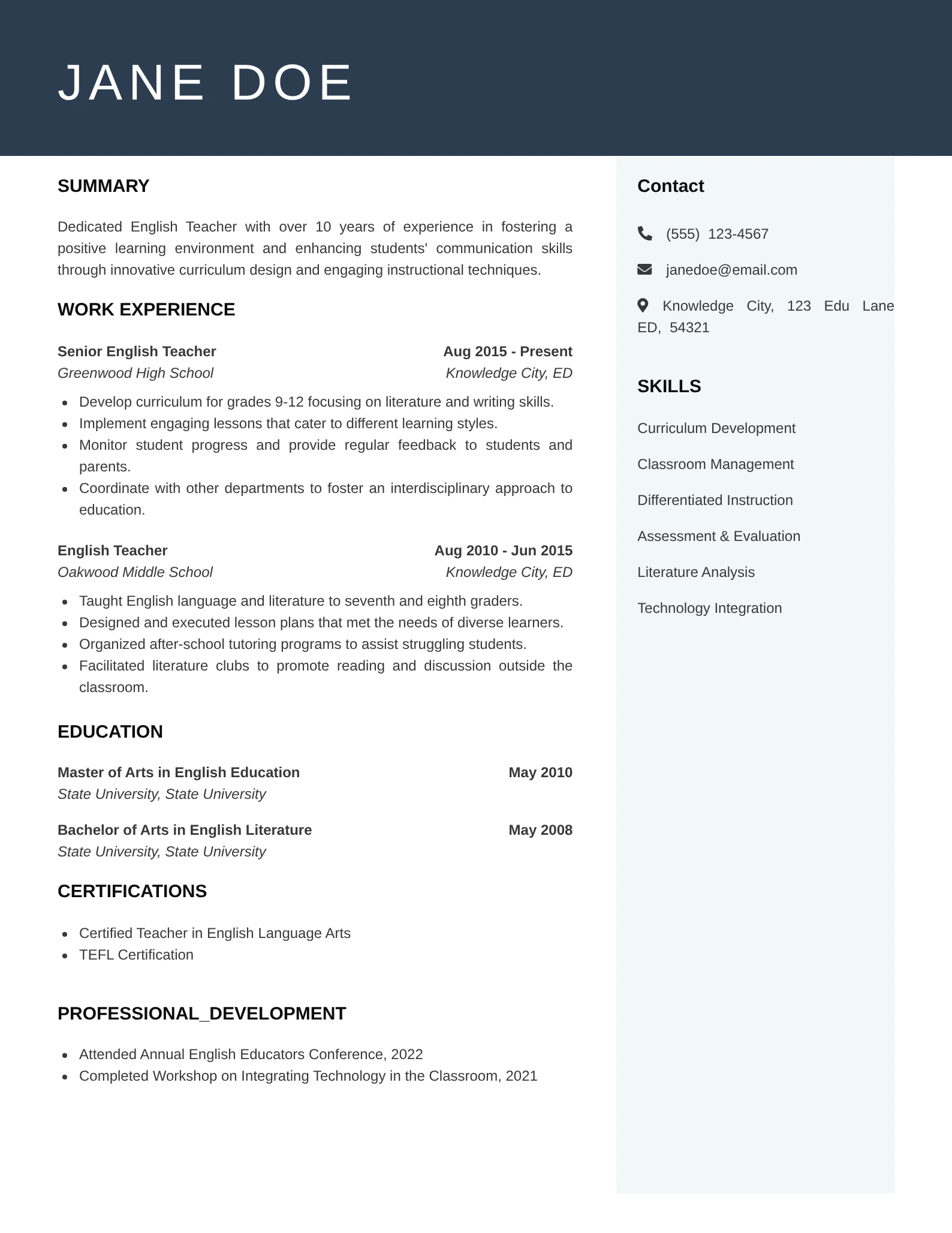 Experienced English teacher resume highlighting teaching expertise and leadership.
