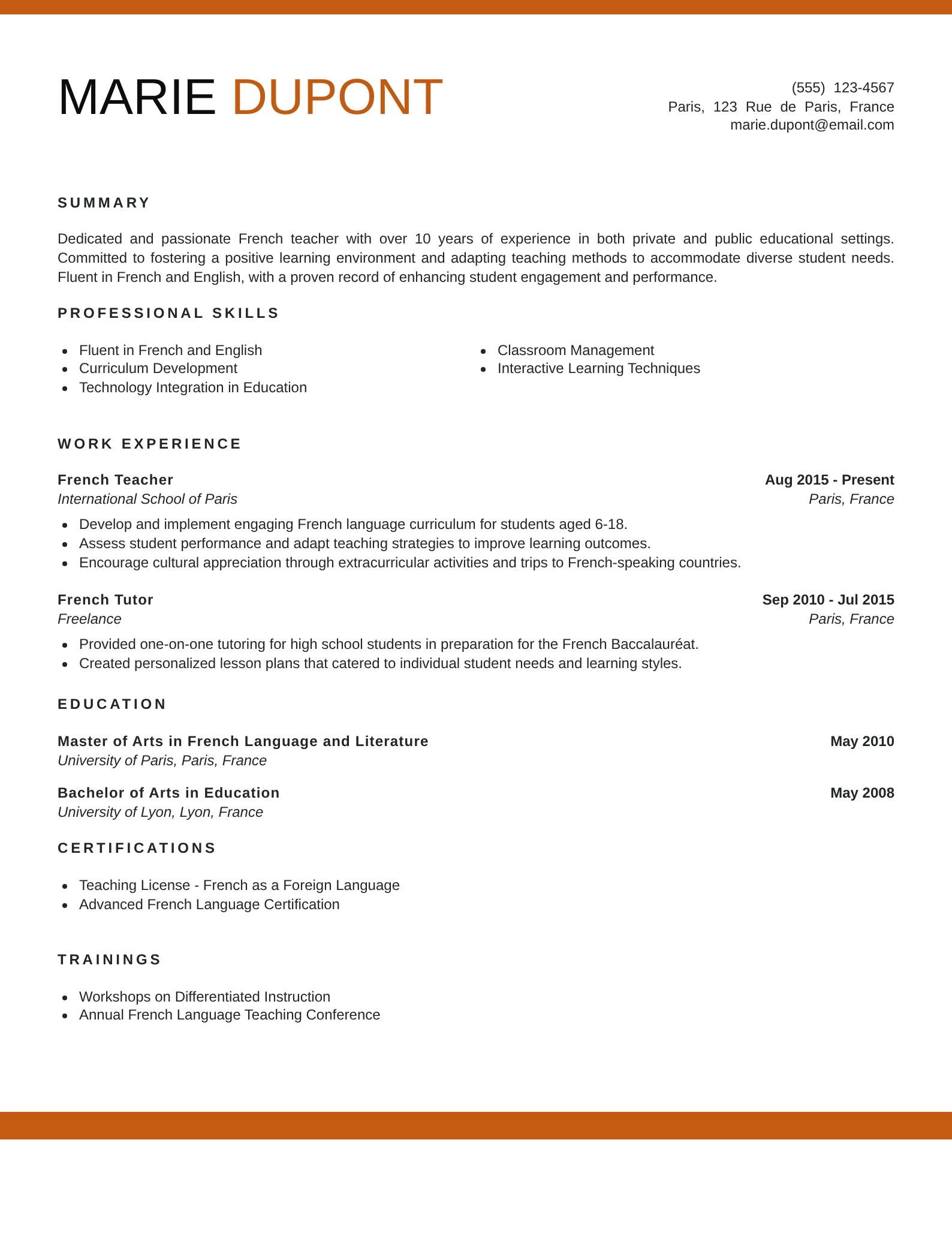 Experienced French teacher resume highlighting over 10 years of teaching expertise and professional growth.