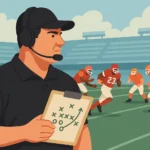 Football coach guiding players during practice on a green field, holding a clipboard with team drills in progress.