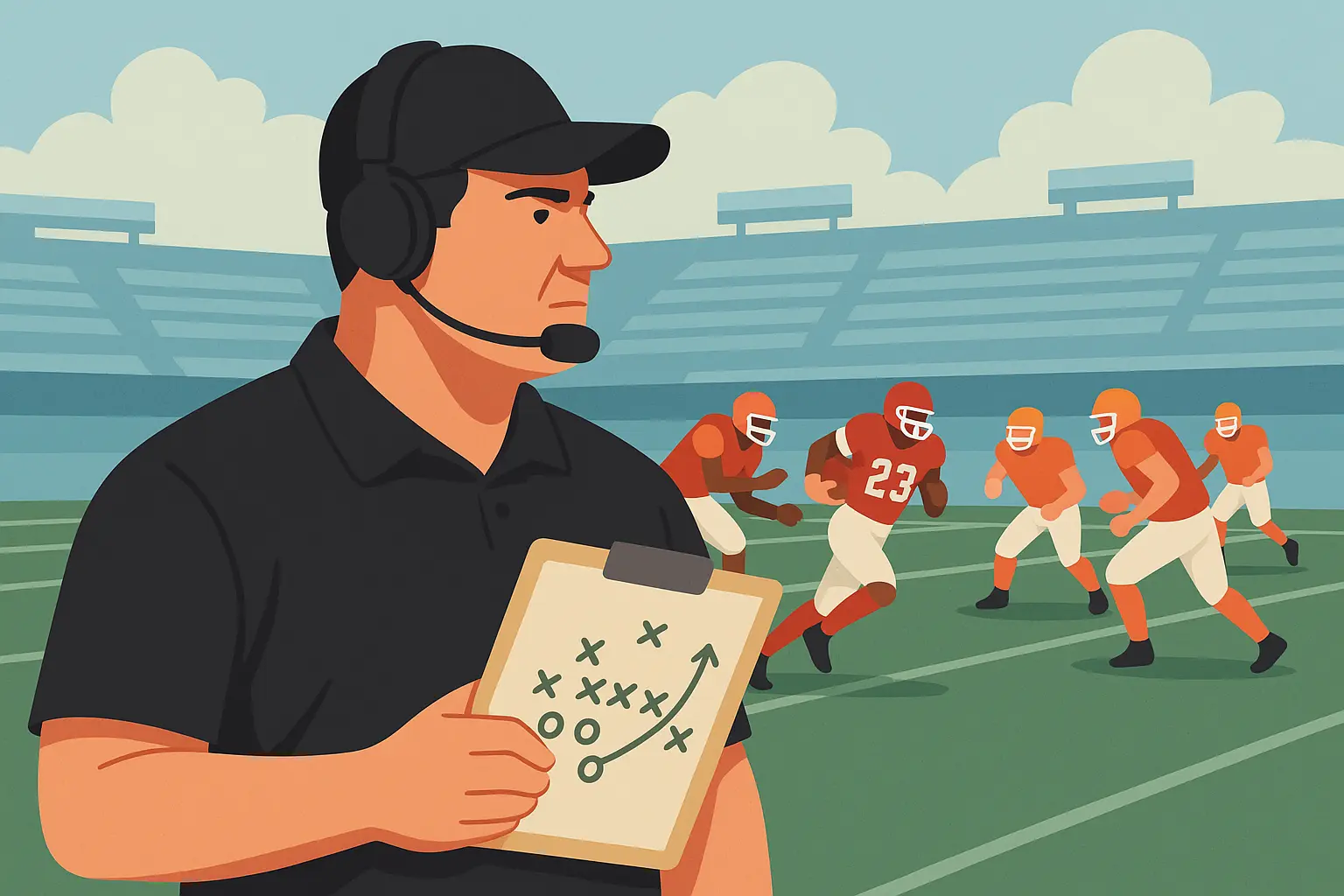 Football coach guiding players during practice on a green field, holding a clipboard with team drills in progress.