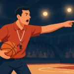 Basketball coach giving instructions courtside during a game under arena lights, flat vector illustration in dynamic landscape style.