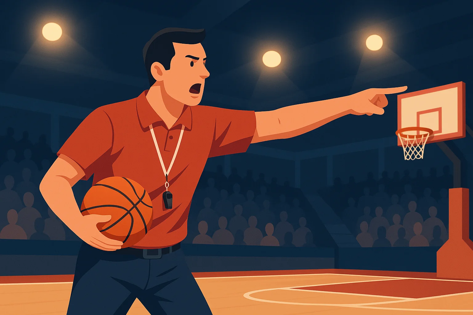 Basketball coach giving instructions courtside during a game under arena lights, flat vector illustration in dynamic landscape style.