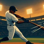 Baseball player mid-swing during a game under stadium lights — professional digital illustration for resume guide.
