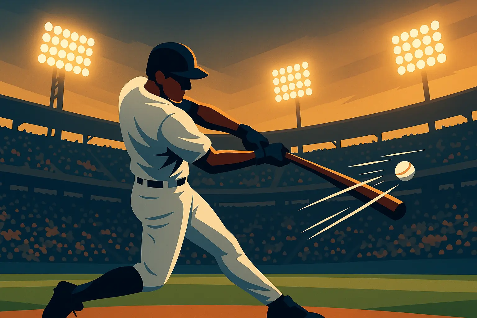 Baseball player mid-swing during a game under stadium lights — professional digital illustration for resume guide.