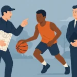 Digital illustration showing a coach guiding a basketball player during practice while a sports manager observes with a clipboard, symbolizing teamwork, mentorship, and performance management in sports.