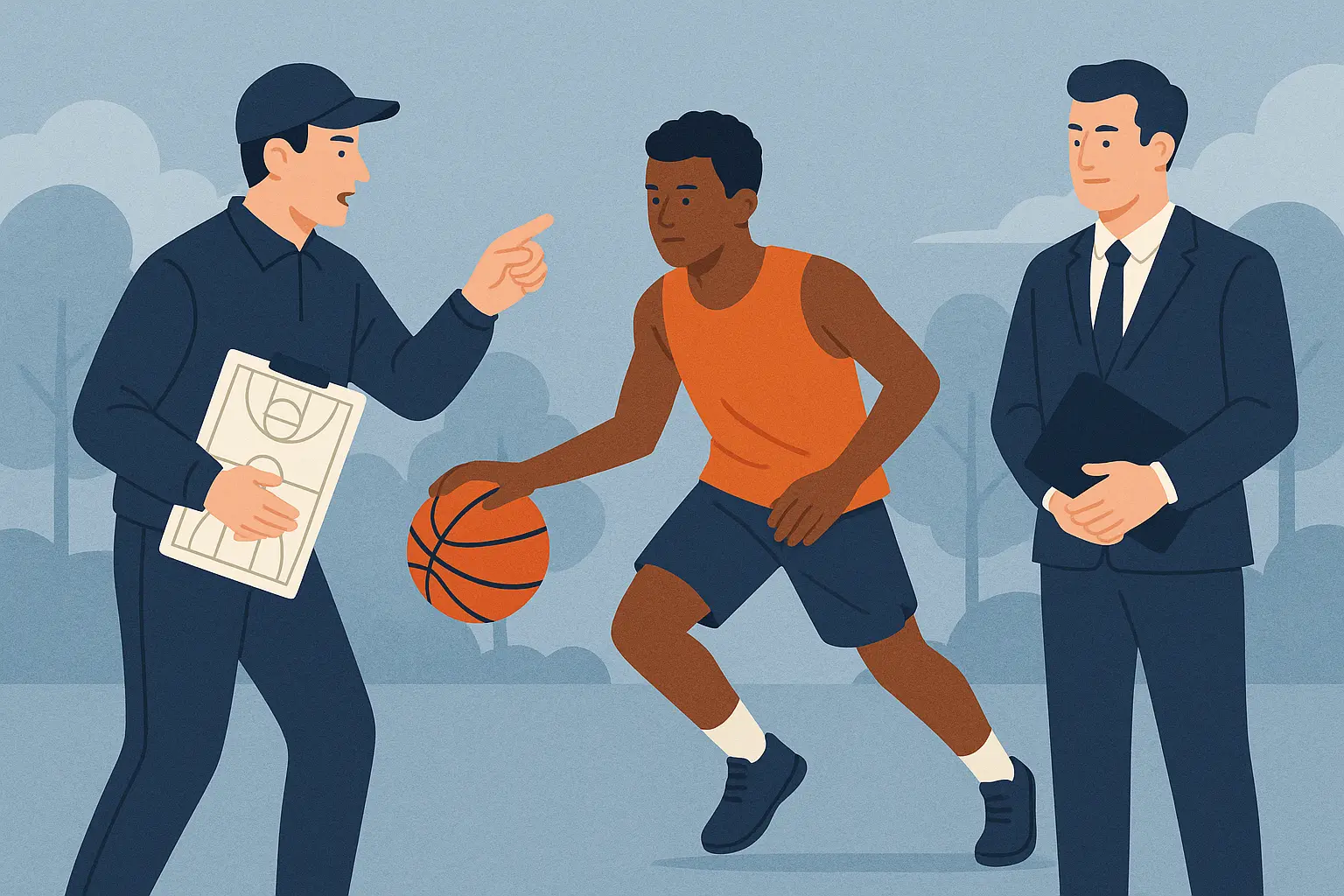 Digital illustration showing a coach guiding a basketball player during practice while a sports manager observes with a clipboard, symbolizing teamwork, mentorship, and performance management in sports.