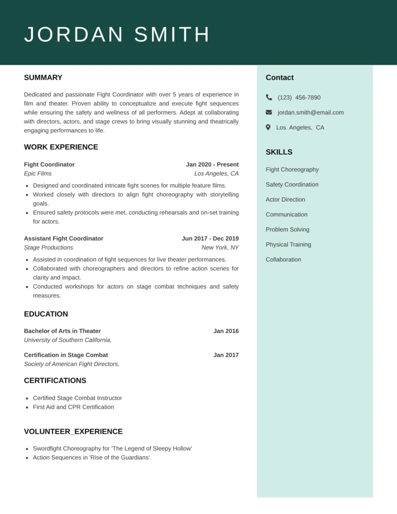 This resume is effective because it clearly outlines relevant skills and experiences specific to fight coordination. It employs industry-related terminology, has quantifiable achievements under responsibilities, and emphasizes collaboration and safety—key aspects of the role. The overall layout is clean and easy to read, making it accessible for hiring managers.