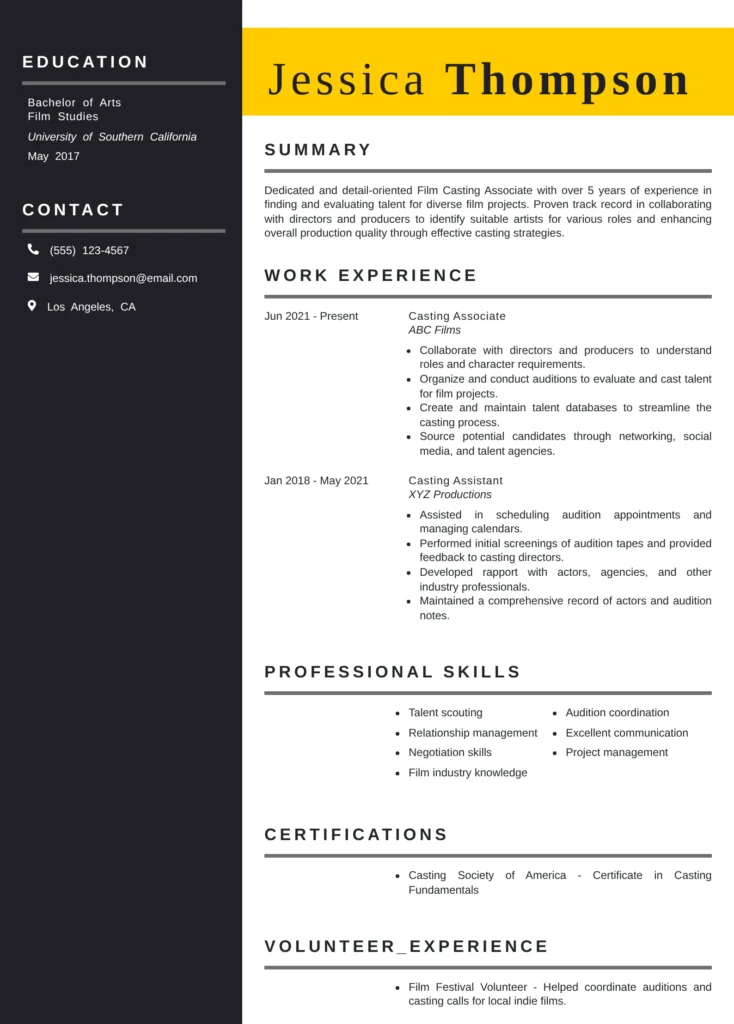 Film Casting Associate Resume Template