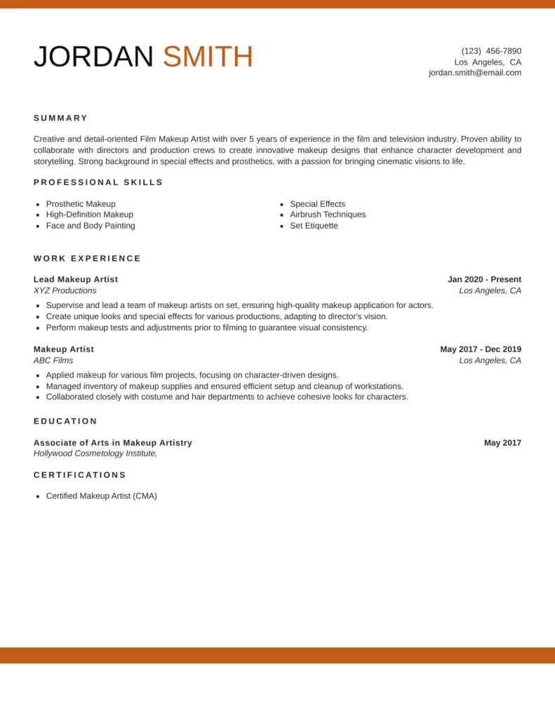This resume effectively highlights the essential skills and experience required for a Film Makeup Artist. It uses a clean format that emphasizes relevant work history, showcasing specific projects and responsibilities. The inclusion of certifications and a portfolio link adds credibility, positioning the candidate as a strong contender in the competitive film industry.