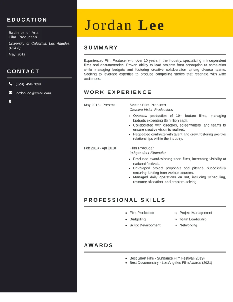 This resume effectively communicates the candidate's extensive experience in film production, showcasing specific projects and achievements that demonstrate their skills and impact in the industry. The inclusion of awards adds credibility, while the structured format makes it easy for employers to identify key qualifications quickly.