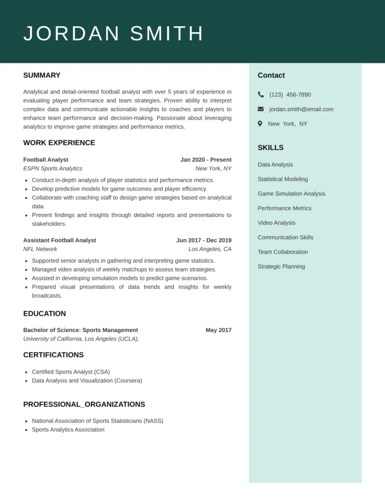 Football analyst resume template — data-driven layout with analytics skills, performance metrics, and sports management degree