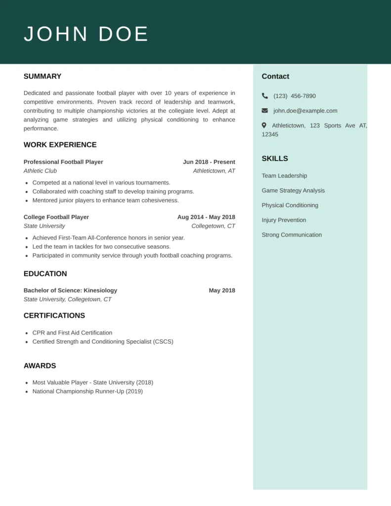 Football player resume template with summary, experience, certifications, and skills sidebar.