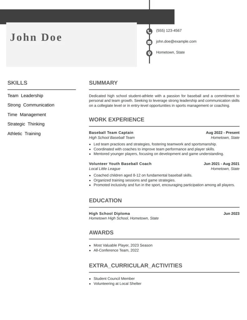 High school baseball player resume sample showing student-athlete profile with leadership, volunteer coaching, and academic achievements for college recruiting.