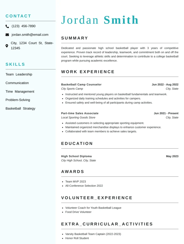 High school basketball player resume format highlighting varsity experience, GPA, awards, and teamwork skills.