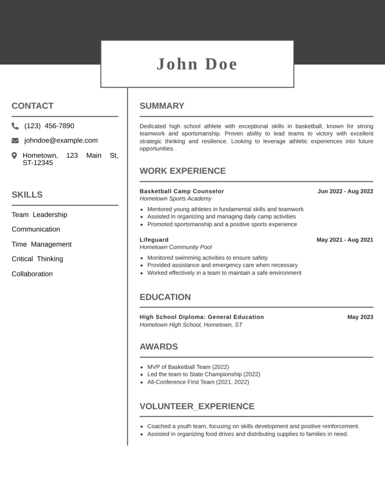 High school football player resume template — student athlete example with awards, skills, and experience layout