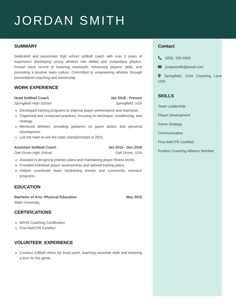 This resume effectively highlights the candidate's relevant coaching experience, skills, and dedication to player development. By showcasing specific accomplishments, like leading a team to win a state championship, it demonstrates not only the ability to coach but also to inspire and achieve results. The inclusion of certifications and community involvement underlines a commitment to the sport and ongoing professional development.