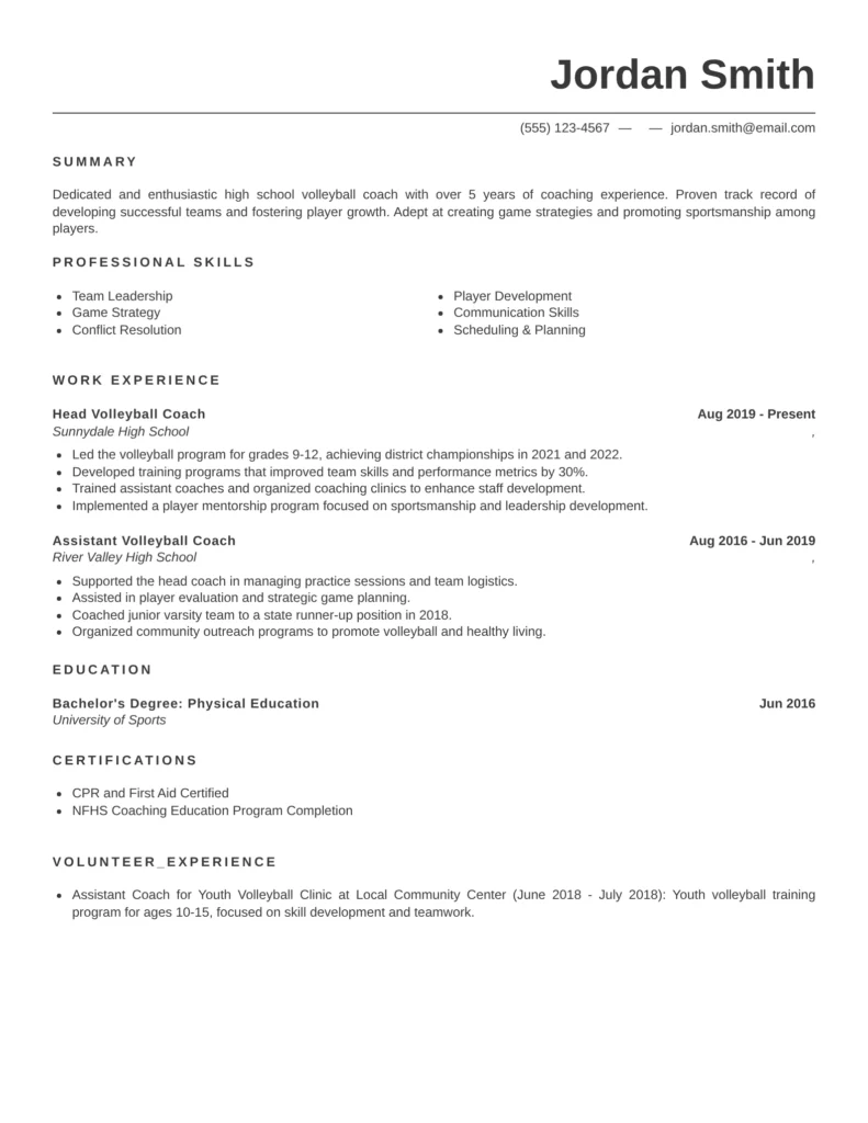 This resume effectively showcases both coaching experience and measurable achievements, highlighting the candidate's ability to lead and develop young athletes. The inclusion of certifications reinforces the candidate’s credentials, while the summary provides a succinct overview of their coaching philosophy and commitment to fostering player growth.