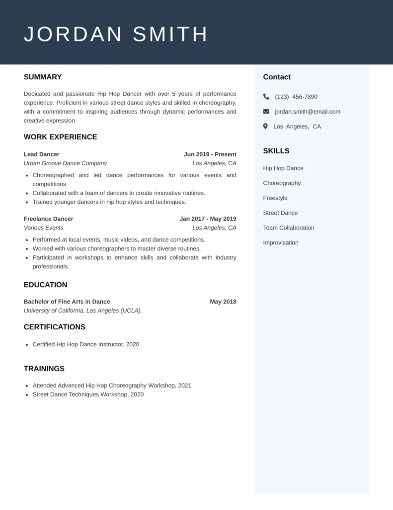 This resume effectively showcases the candidate's background as a Hip Hop Dancer, emphasizing both performance and choreography experience. It clearly outlines relevant skills, includes significant work experience, and highlights educational achievements, making it a strong representation for potential employers in the dance industry.