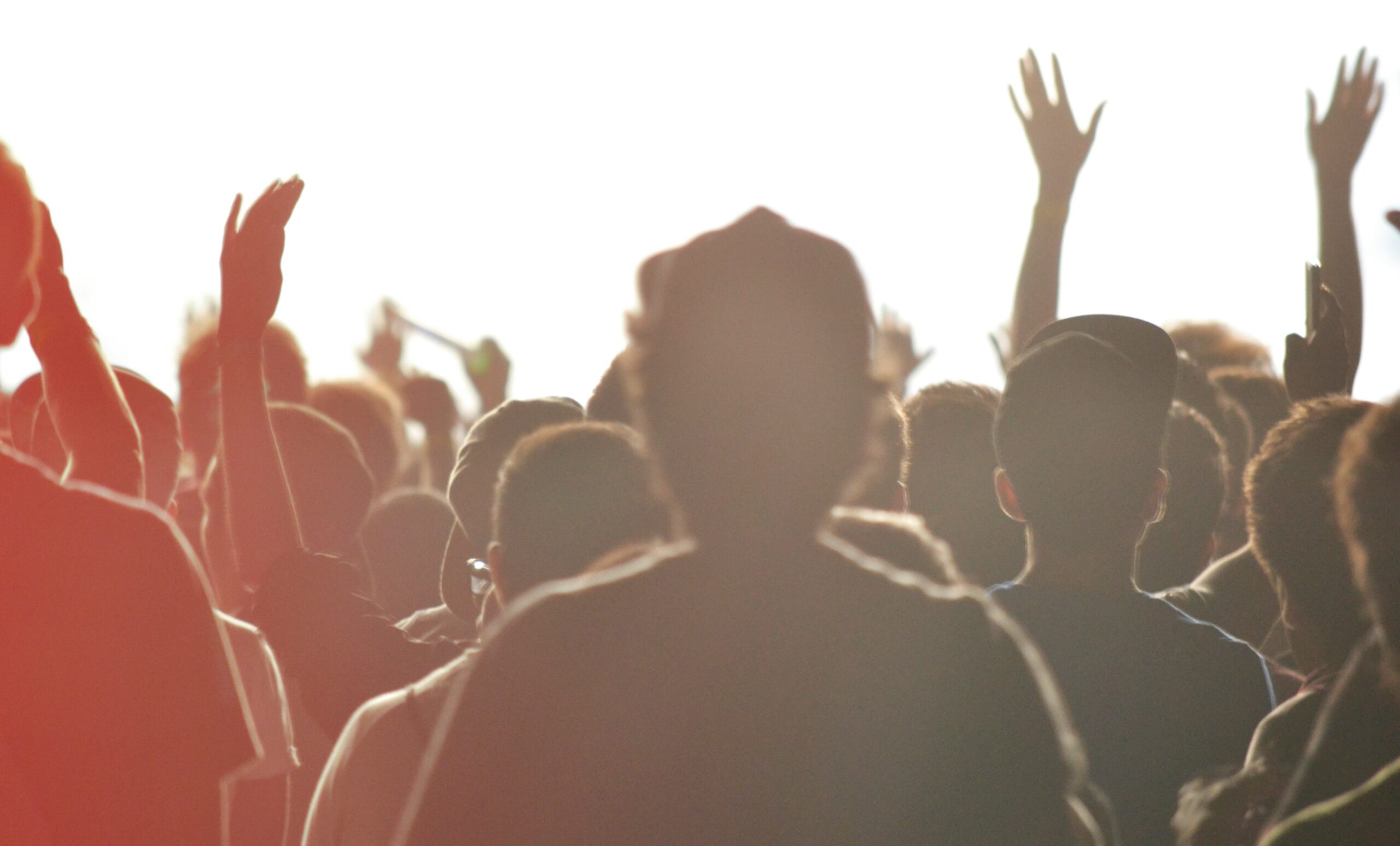 A crowd of people raising their hands at a community event or gathering.