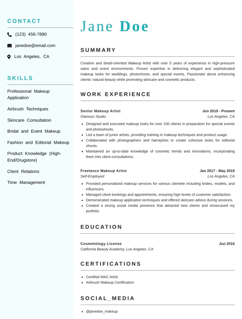 This resume sample effectively highlights the candidate's relevant skills, experiences, and educational background tailored to the makeup artistry field. The clear structure and detailed descriptions of responsibilities in work experience provide insights into their expertise, while optional sections enhance credibility and showcase creativity through a portfolio link.