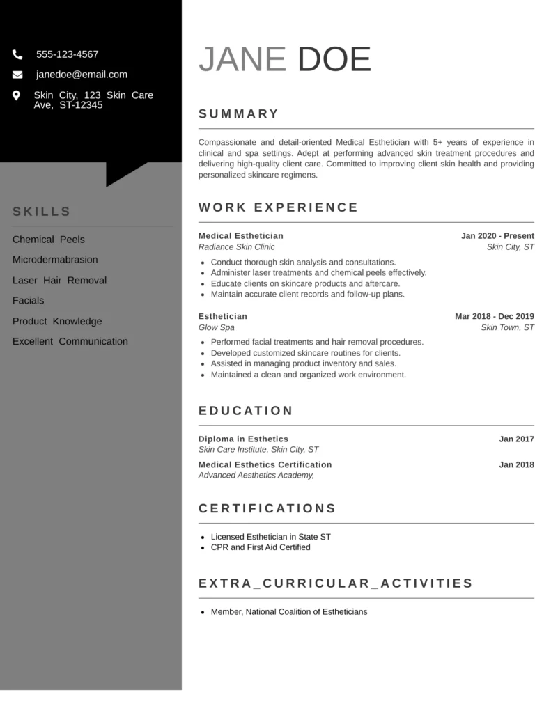 Clean and professional medical esthetician resume example highlighting clinical skincare, laser treatments, and post-procedure patient care in a dermatology clinic.