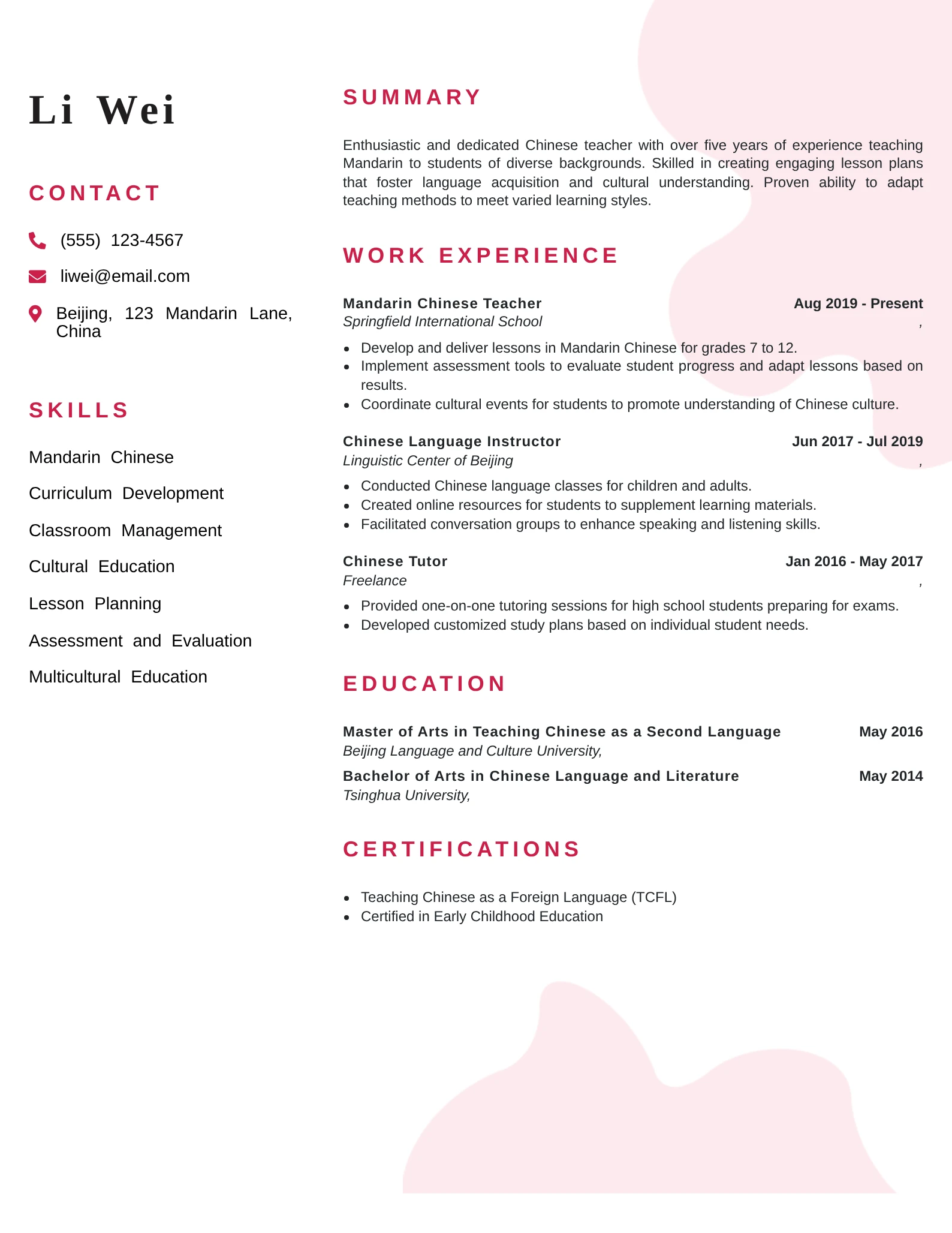 Mid-level Chinese teacher resume highlighting teaching experience, education, and certifications.