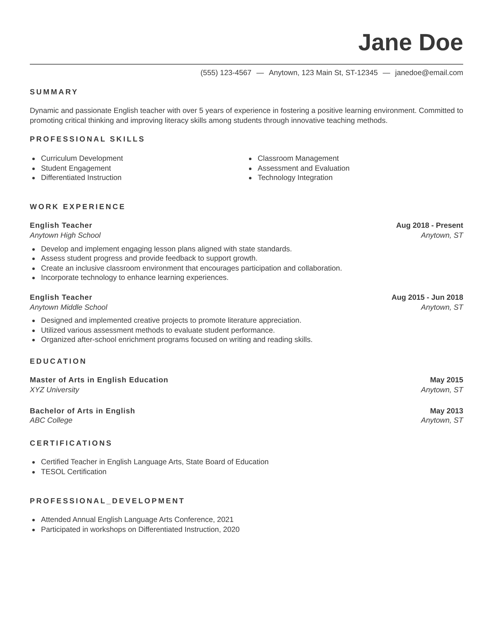 Mid level English teacher resume featuring skills, education, and teaching experience.