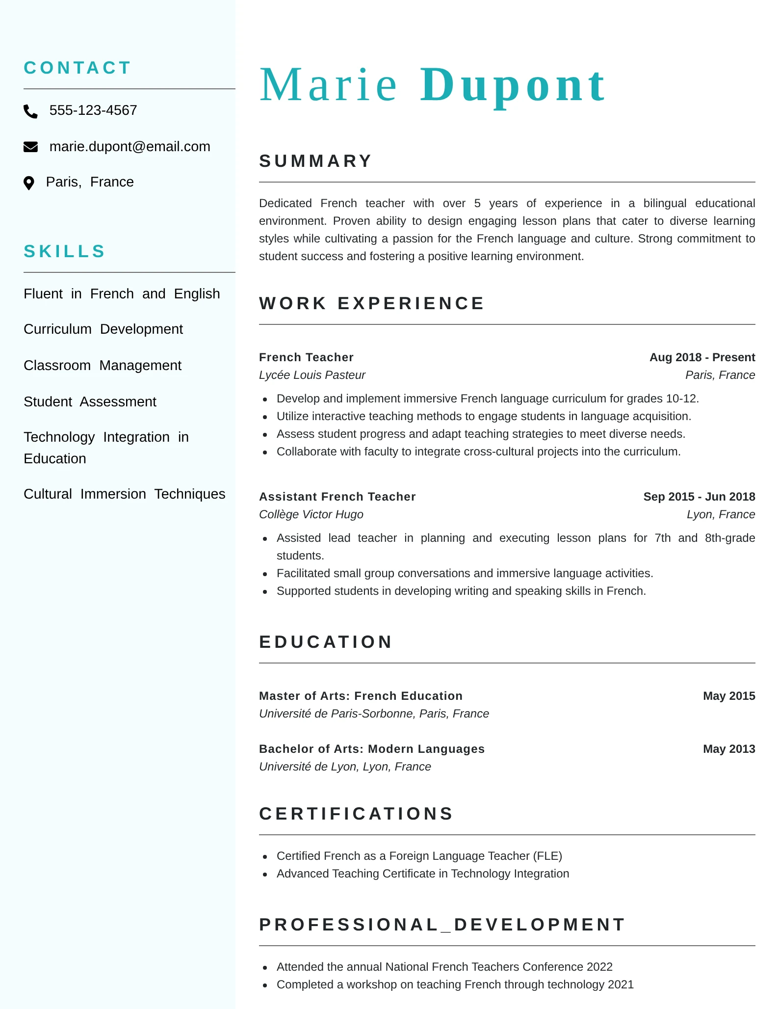 Mid-level French teacher resume with two-column professional layout and clear section divisions.