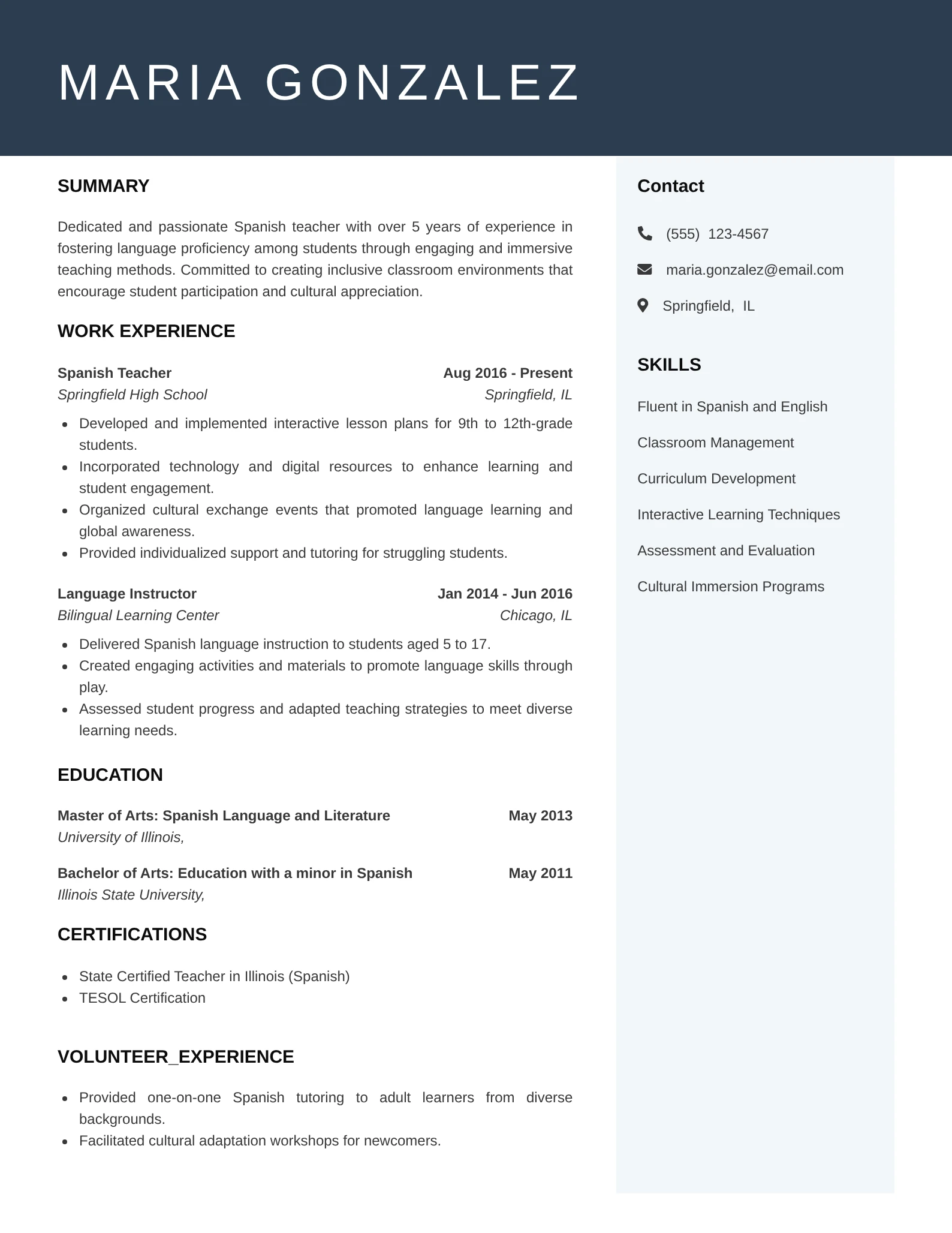 Mid-level Spanish teacher resume highlighting experience, skills, and professional certifications.
