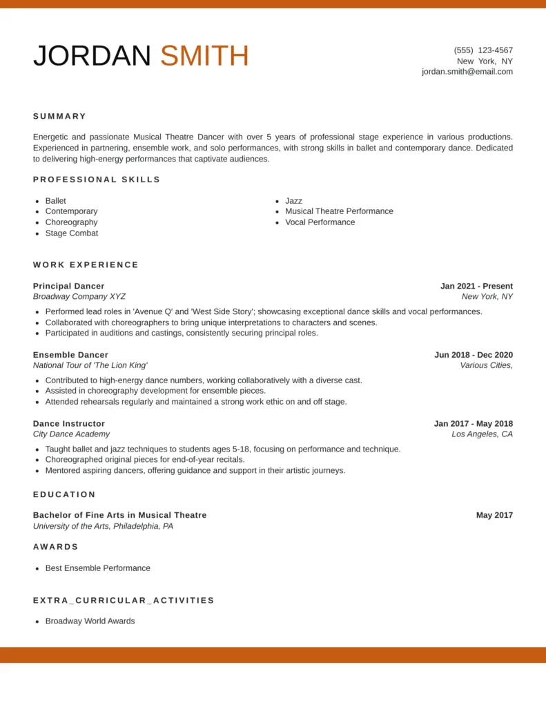 This resume is effective because it clearly highlights relevant skills and experiences tailored to the musical theatre industry. It presents a concise summary that encapsulates the candidate's passion and professionalism, while the structured layout makes information easy to digest. Including specific achievements and responsibilities showcases the candidate's talent and dedication, making it appealing to potential employers.