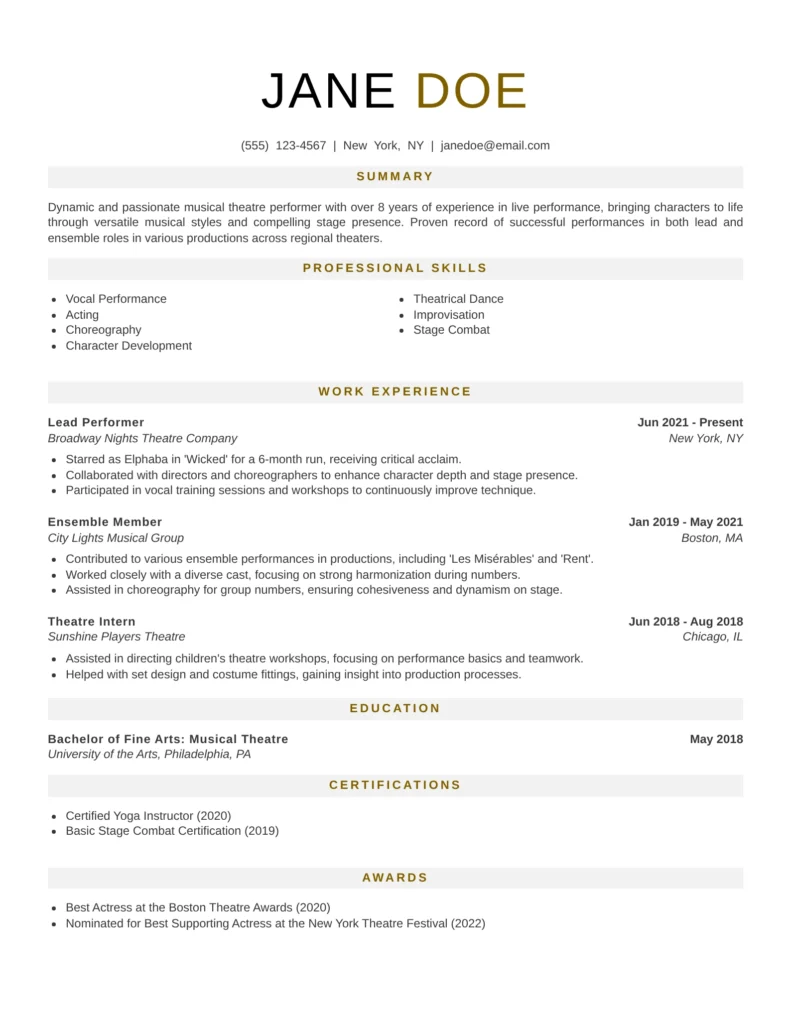 Musical Theatre Performer Resume Template