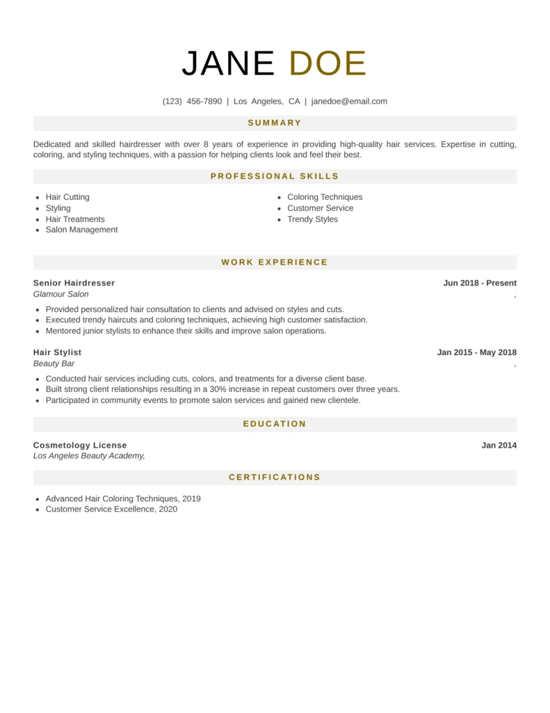 Professional hairdresser resume template featuring clean typography, balanced white space, and structured sections for skills, education, and experience, suitable for salon professionals and senior stylists.