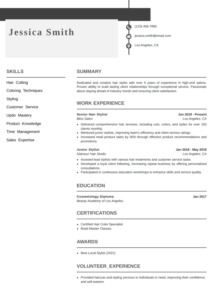 Modern salon hair stylist resume template with a professional layout showcasing sections for summary, work experience, skills, and certifications, ideal for creative and licensed hairstylists.