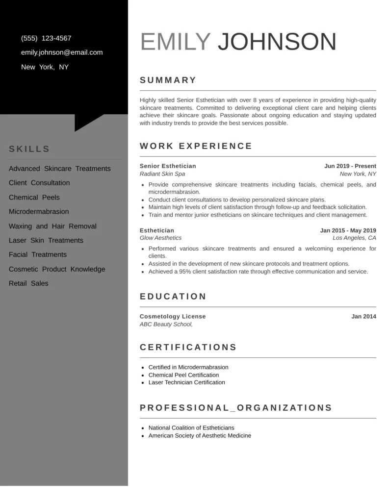 Experienced senior esthetician resume example featuring leadership in spa operations, staff training, and client retention strategies in a wellness center.