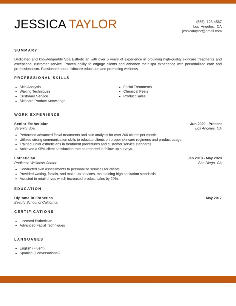 Modern spa esthetician resume example demonstrating skincare service expertise, facials, customer service, and product knowledge in a luxury spa setting.