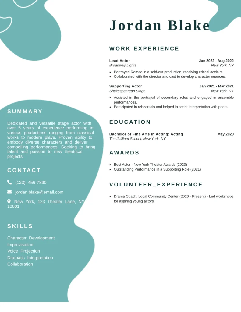 This resume effectively showcases the candidate's experience and skills, emphasizing relevant roles and contributions within theatrical productions. The structured format and inclusion of awards display competence and recognition in the field. It communicates not only acting abilities but also commitment to the craft through education and community engagement.