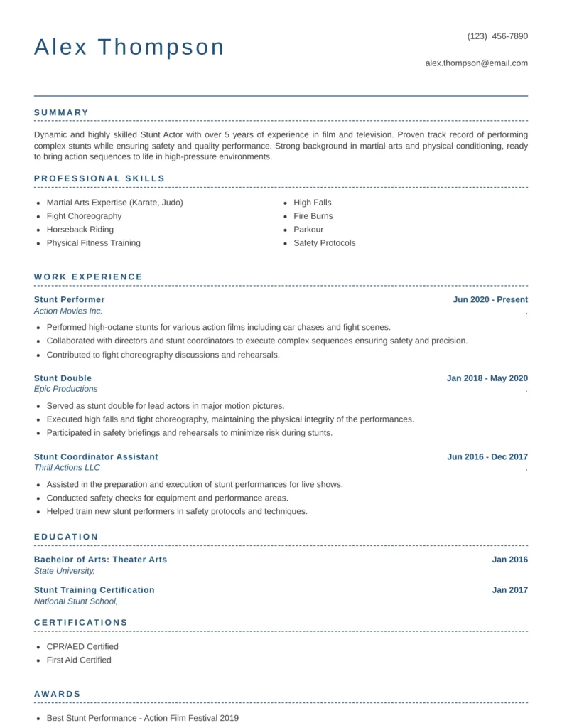 This resume is effective because it provides a clear summary of the candidate's unique skills and experiences in the stunt industry. It outlines relevant work experience and education while emphasizing safety and collaboration, which are critical in stunt work. Moreover, the inclusion of certifications and awards enhances the candidate's credibility and showcases their dedication to the craft.