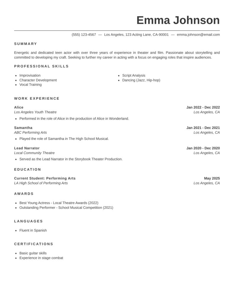 Teen Actor Resume Template