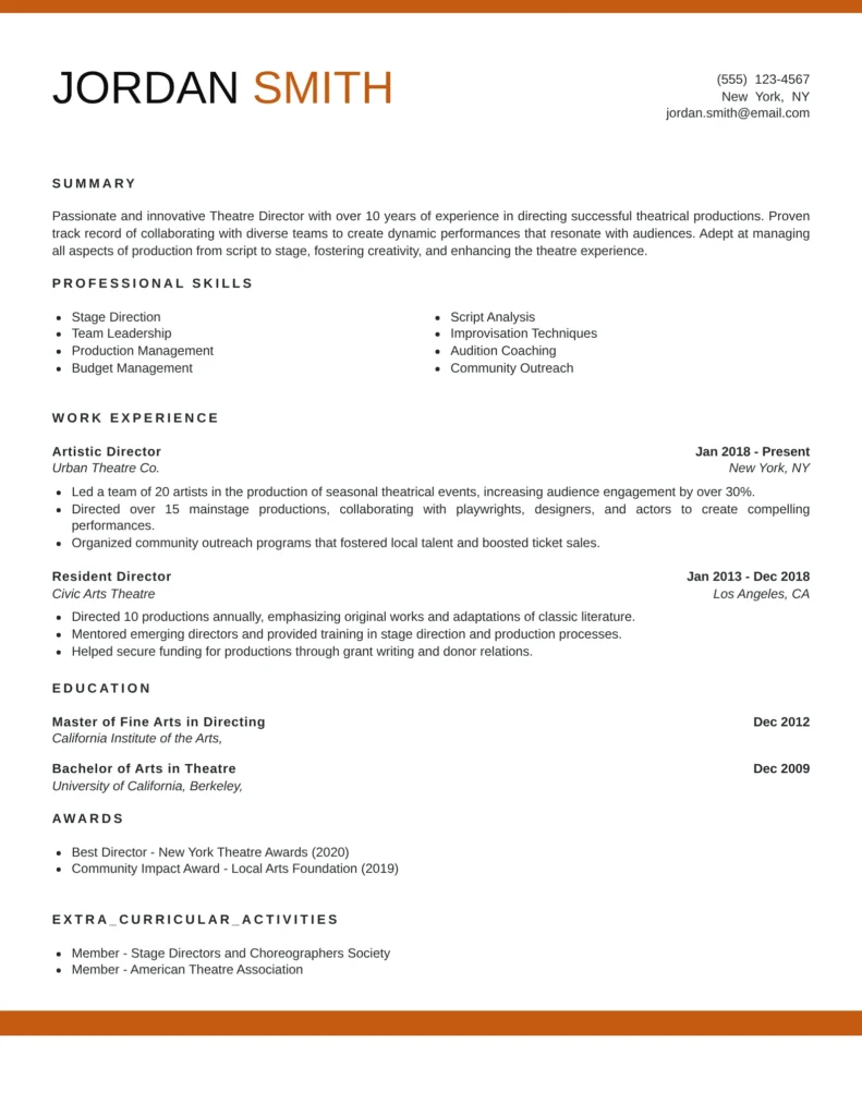 This resume effectively showcases the candidate's extensive experience, skills, and education relevant to the role of Theatre Director. It highlights specific achievements, collaborative efforts, and leadership abilities that are essential in this field. Additionally, the inclusion of awards and memberships strengthens the candidate's professional profile.