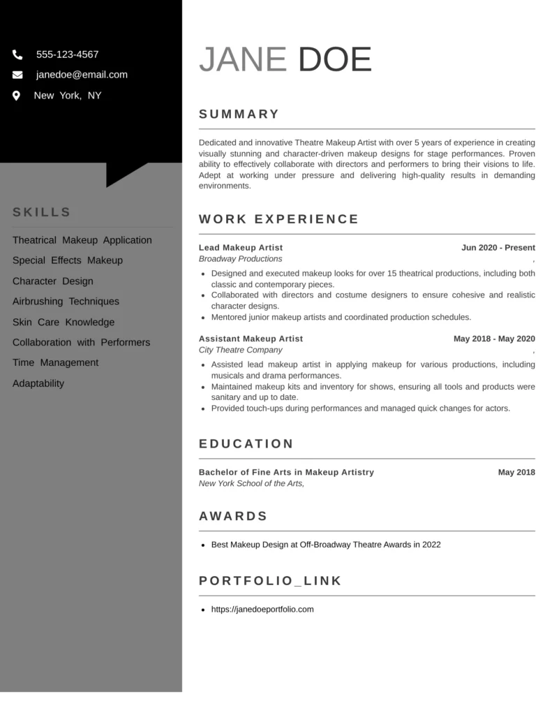 This resume is effective because it clearly outlines relevant skills and experiences, emphasizing both creativity and technical proficiency in makeup artistry. The structured format makes it easy for hiring managers to quickly assess qualifications. Including a portfolio link allows potential employers to see the candidate’s work, enhancing credibility and appeal.