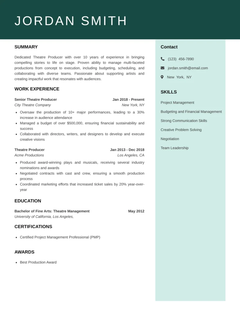 This resume sample effectively showcases relevant experience and skills for a Theatre Producer role, presenting a clear narrative of progressive responsibility and achievement. It uses quantifiable metrics to demonstrate success, making the candidate's contributions readily understandable to hiring managers.