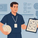 Illustration of a volleyball coach holding a ball and clipboard on an indoor court, symbolizing strategy and leadership.