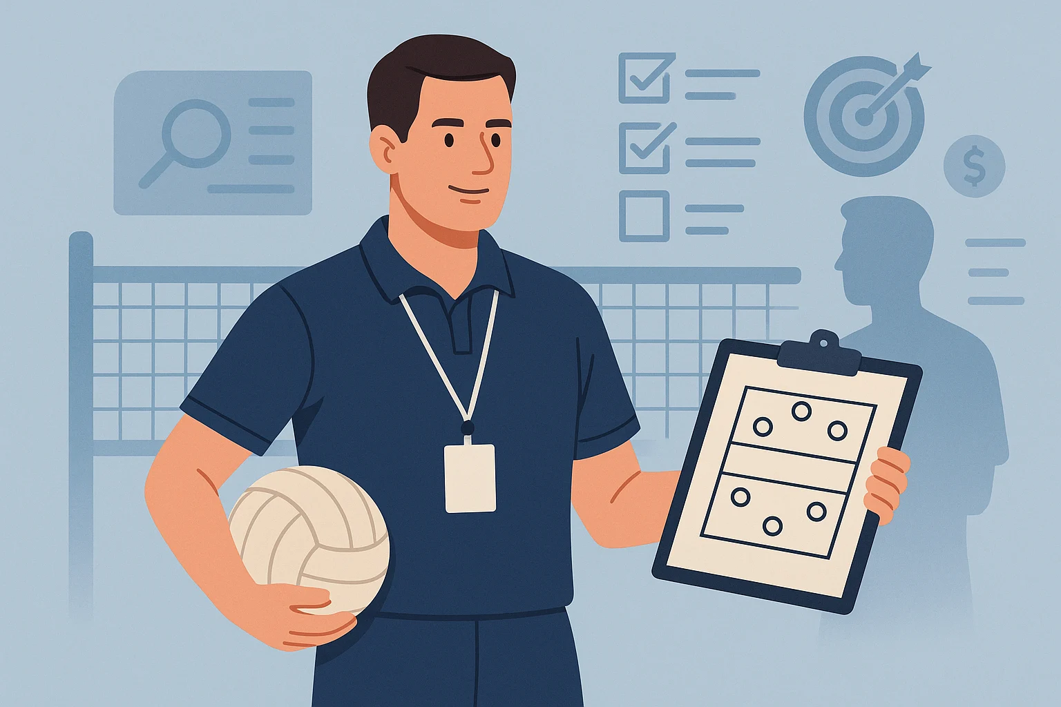 Illustration of a volleyball coach holding a ball and clipboard on an indoor court, symbolizing strategy and leadership.