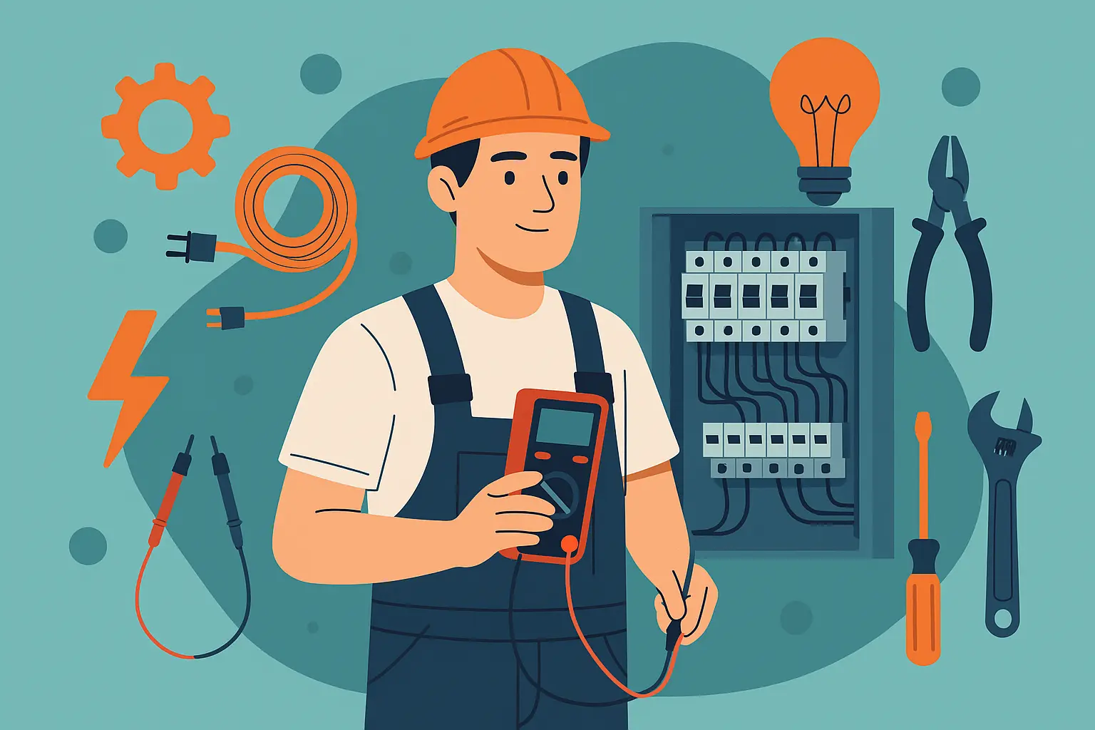 Electrician illustration showing a technician using a multimeter beside an electrical panel with tools and wiring elements in a clean flat design.