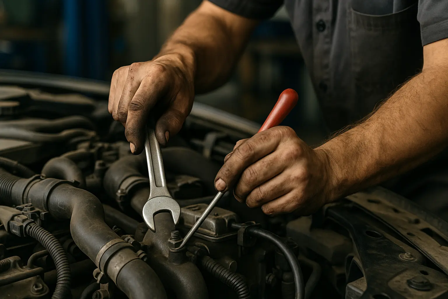 Close-up of a mechanic’s hands using a wrench and screwdriver to repair an engine in a workshop setting.